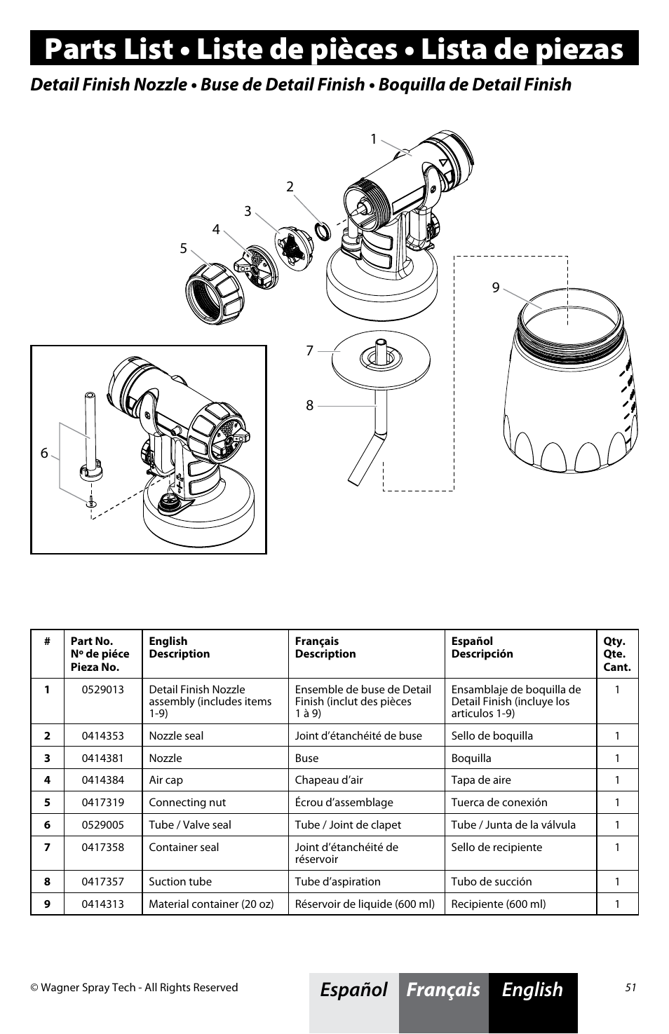 Parts list • liste de pièces • lista de piezas, English français español | Wagner Flexio 890 Sprayer User Manual | Page 19 / 20