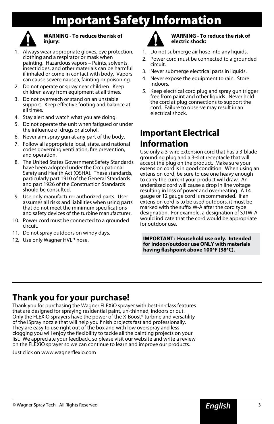 Important safety information, Important electrical information, English | Wagner Flexio 890 Sprayer User Manual | Page 3 / 20