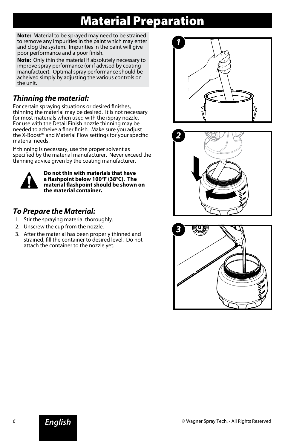 Material preparation, English, Thinning the material | Wagner Flexio 890 Sprayer User Manual | Page 6 / 20