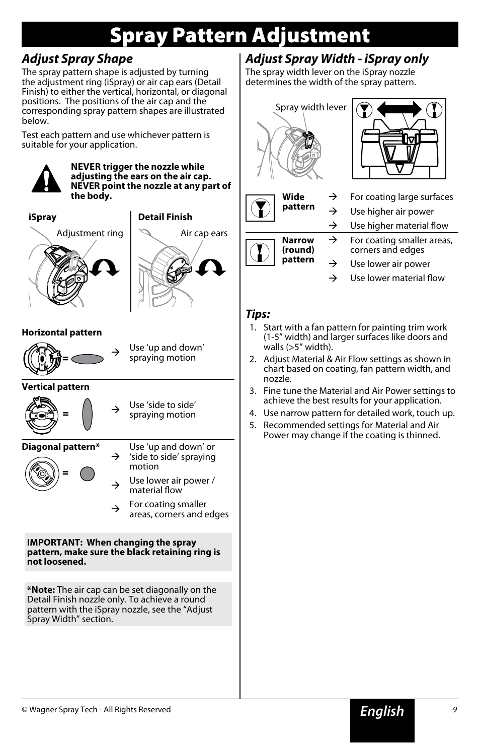 Spray pattern adjustment, English, Adjust spray shape | Adjust spray width - ispray only, Tips | Wagner Flexio 890 Sprayer User Manual | Page 9 / 20