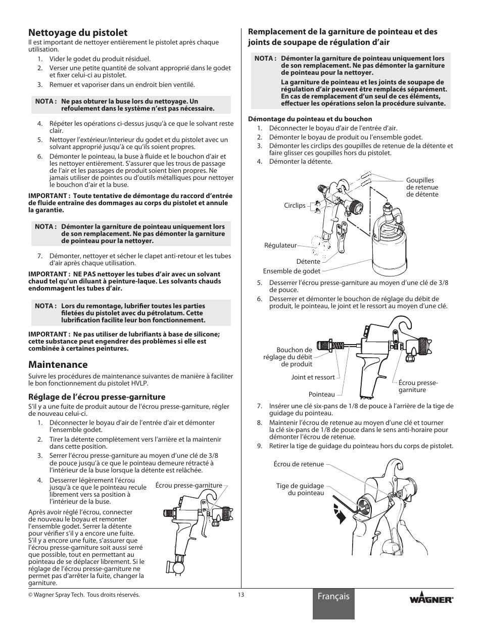 Nettoyage du pistolet, Maintenance, Français | Wagner HVLP Conversion Gun User Manual | Page 13 / 28