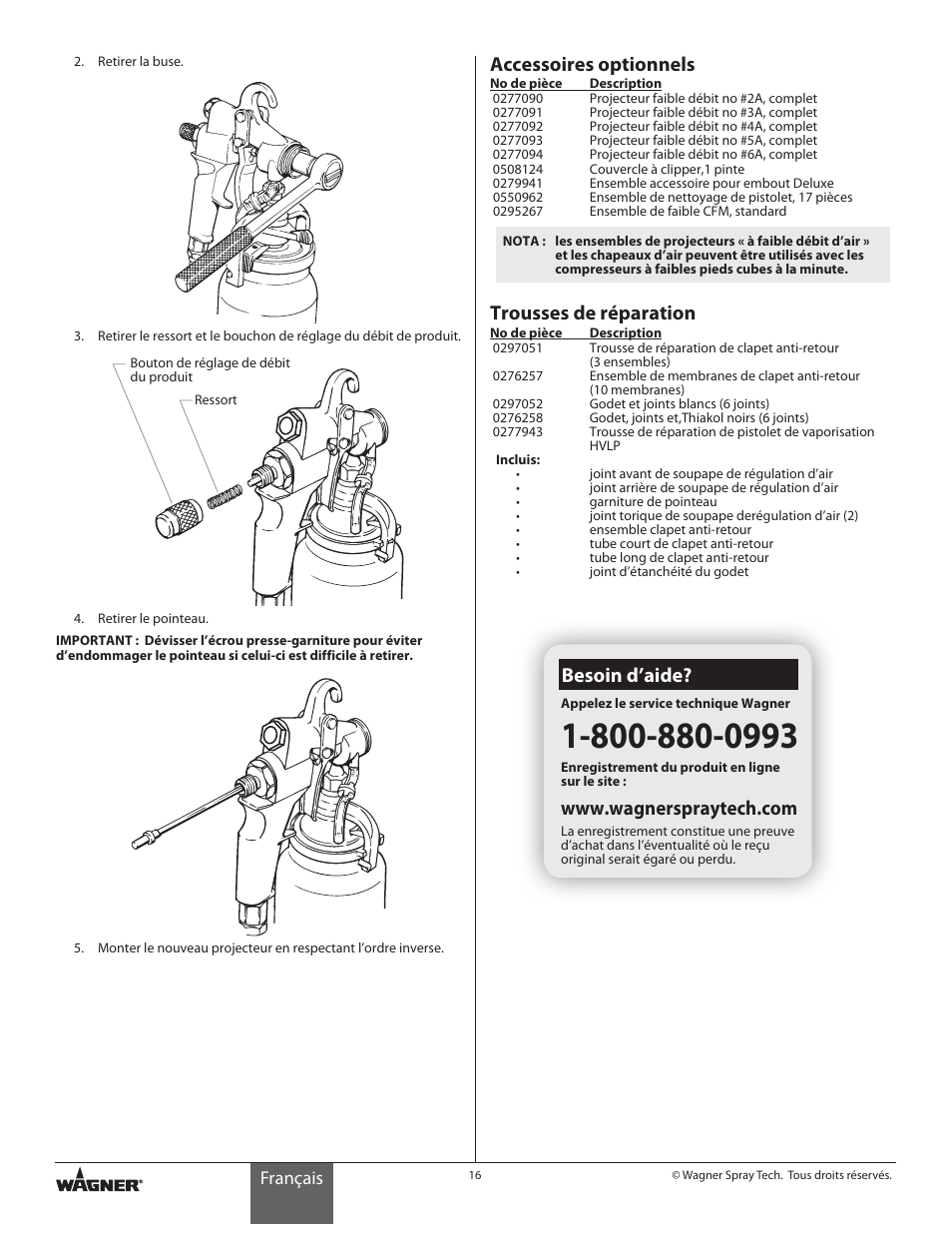 Accessoires optionnels, Trousses de réparation, Besoin d’aide | Français | Wagner HVLP Conversion Gun User Manual | Page 16 / 28