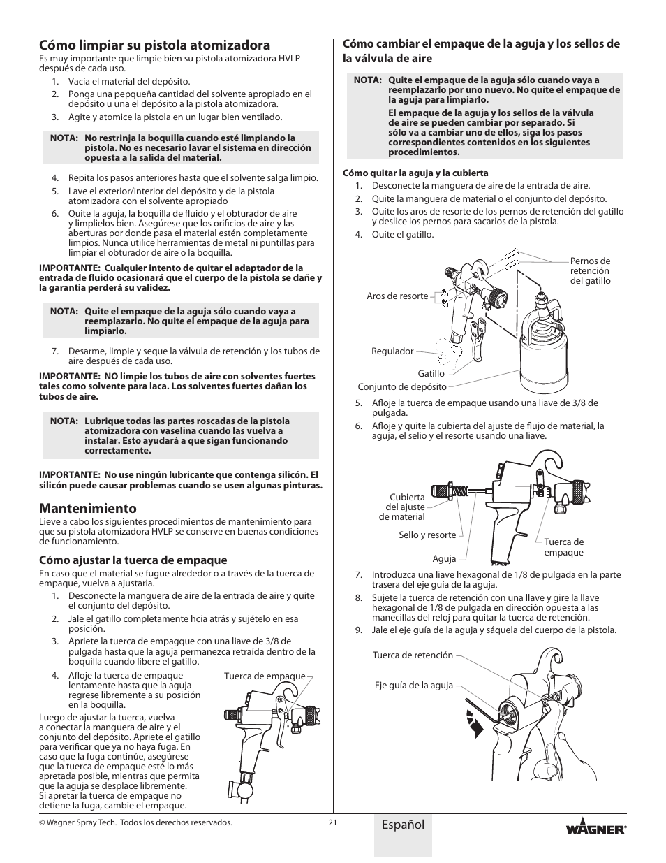 Cómo limpiar su pistola atomizadora, Mantenimiento, Español | Wagner HVLP Conversion Gun User Manual | Page 21 / 28