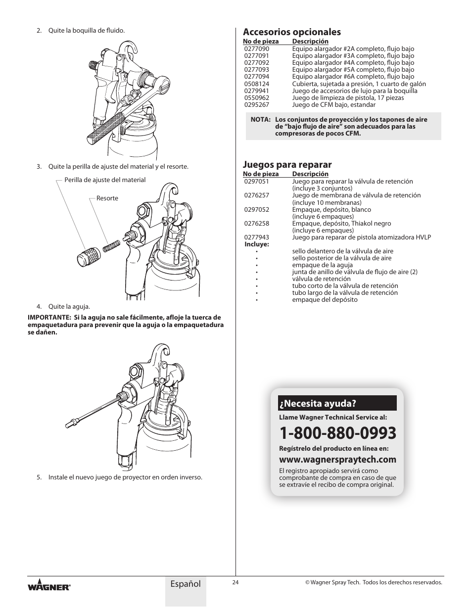 Accesorios opcionales, Juegos para reparar, Necesita ayuda | Español | Wagner HVLP Conversion Gun User Manual | Page 24 / 28