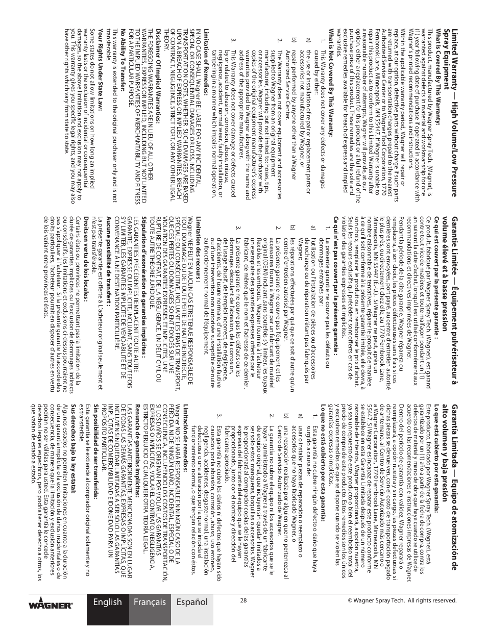 Español français, English | Wagner HVLP Conversion Gun User Manual | Page 28 / 28