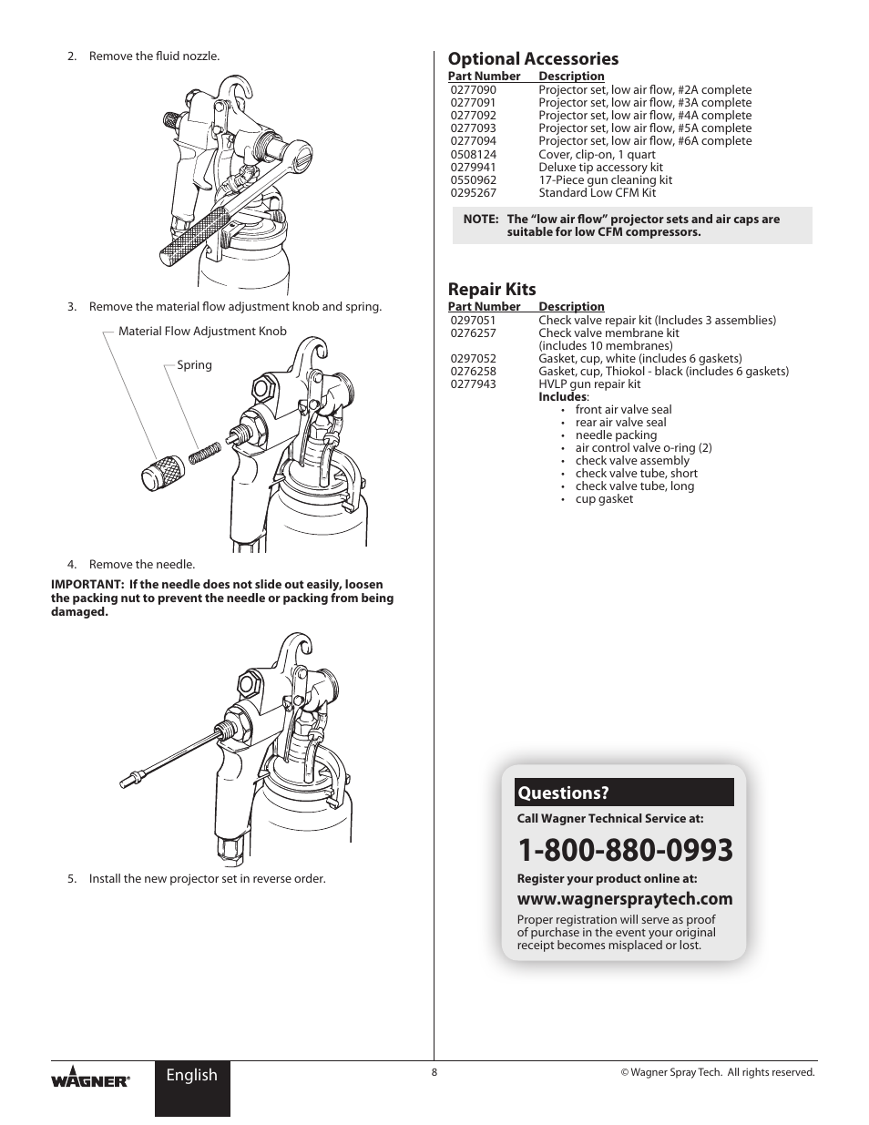 Optional accessories, Repair kits, Questions | Wagner HVLP Conversion Gun User Manual | Page 8 / 28