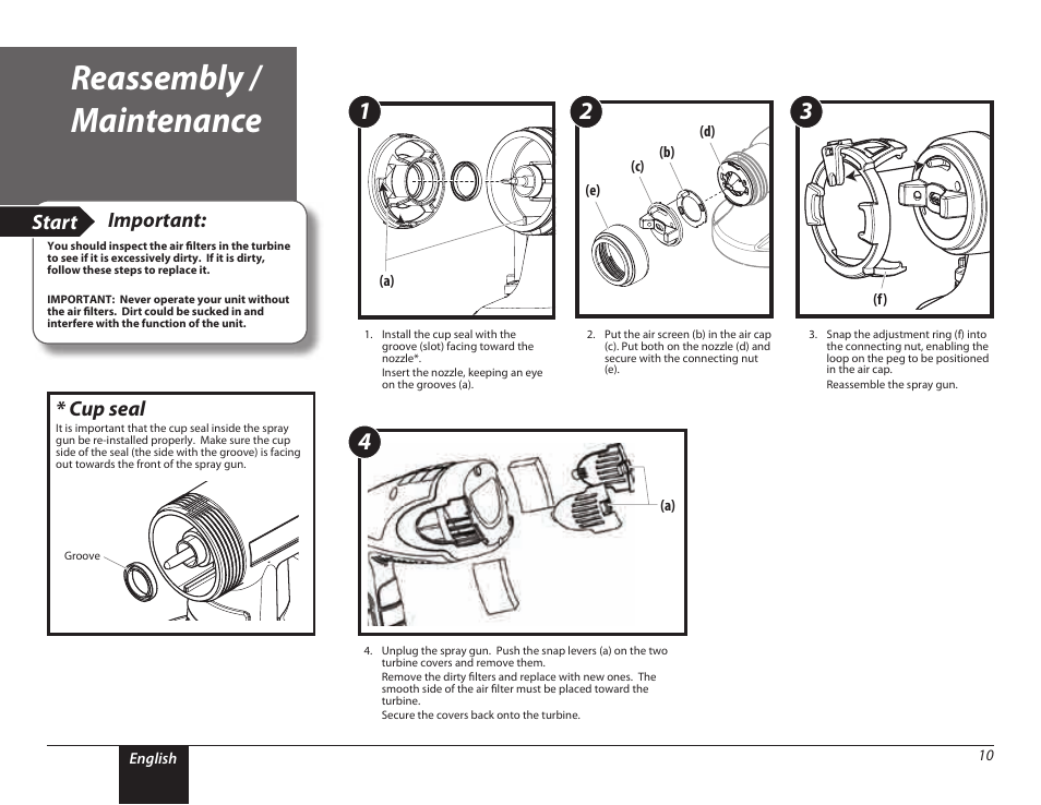 Maintenance, 10 reassembly / maintenance, Reassembly / maintenance | Start important, Cup seal | Wagner PaintREADY Spray Gun User Manual | Page 10 / 13