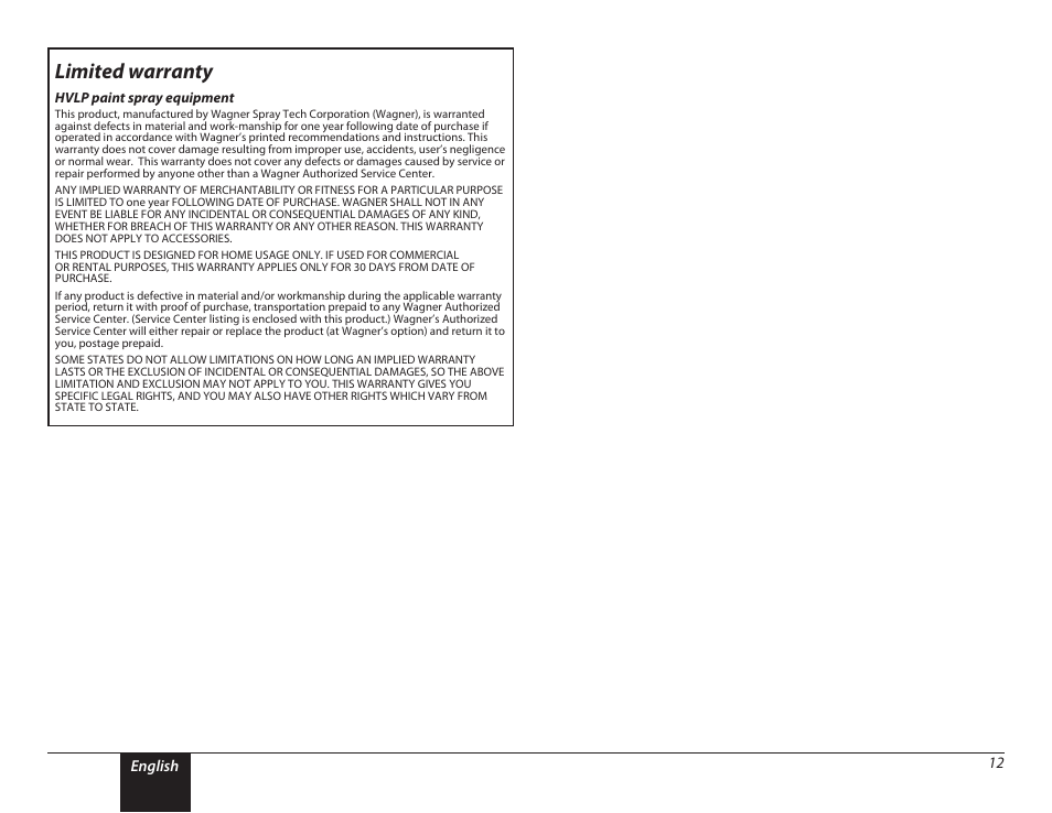 Warranty, 12 limited warranty, Limited warranty | Wagner PaintREADY Spray Gun User Manual | Page 12 / 13