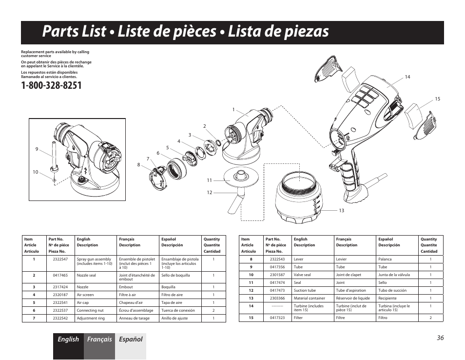 Parts list • liste de pièces • lista de piezas 1, 36 parts list, Parts list • liste de pièces • lista de piezas | English français español 36 | Wagner PaintREADY Spray Gun User Manual | Page 13 / 13