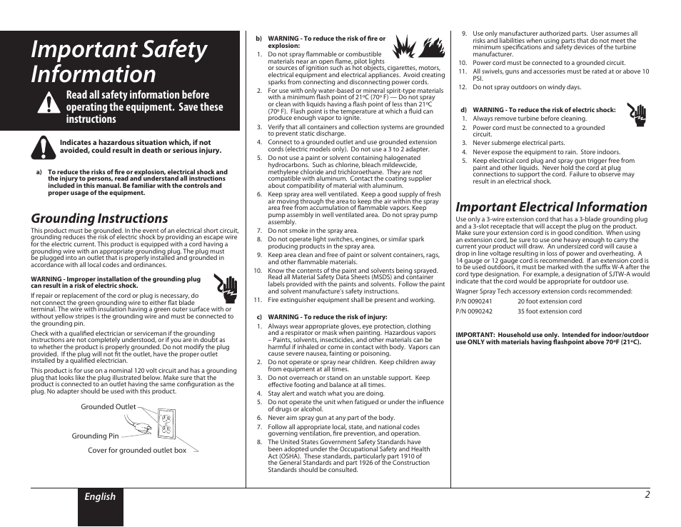Important safety information, 2 important safety information, Safety | Safety important safety information, Grounding instructions, Important electrical information, English 2 | Wagner PaintREADY Spray Gun User Manual | Page 2 / 13