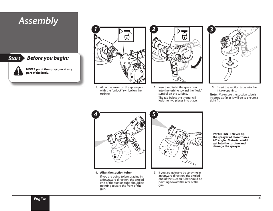 Assembly, 4 assembly, Start | Before you begin | Wagner PaintREADY Spray Gun User Manual | Page 4 / 13