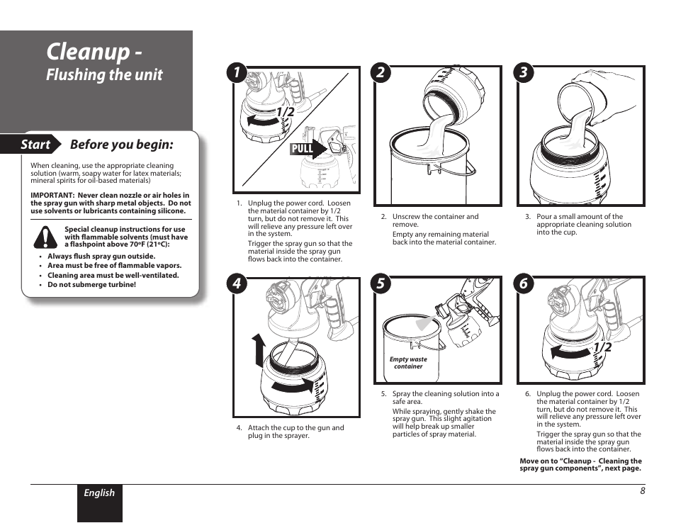 Cleanup, Flushing the unit, 8 cleanup - flushing the unit | Start before you begin, Pull | Wagner PaintREADY Spray Gun User Manual | Page 8 / 13