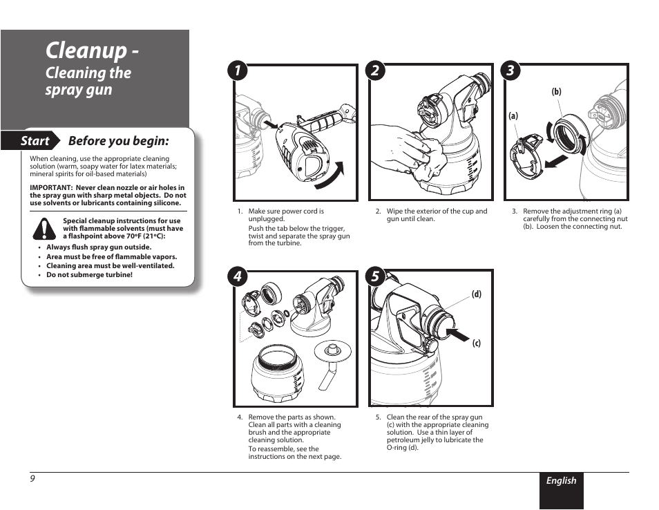 Cleaning the spray gun, 9 cleanup - cleaning the spray gun, Cleanup | Start before you begin | Wagner PaintREADY Spray Gun User Manual | Page 9 / 13
