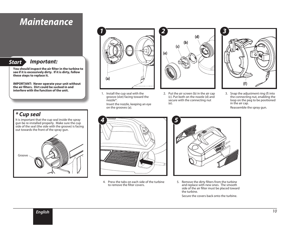 Maintenance, 10 reassembly / maintenance, Start important | Cup seal | Wagner PaintREADY System User Manual | Page 10 / 16