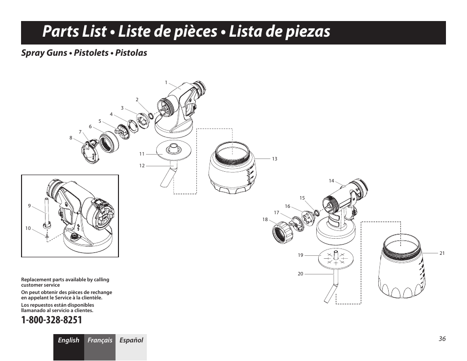 Parts list • liste de pièces • lista de piezas 1, 36 parts list, Parts list • liste de pièces • lista de piezas | Spray guns • pistolets • pistolas | Wagner PaintREADY System User Manual | Page 12 / 16