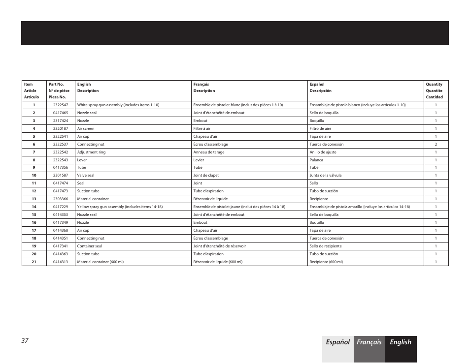 Parts list • liste de pièces • lista de piezas 2, English français español 37 | Wagner PaintREADY System User Manual | Page 13 / 16