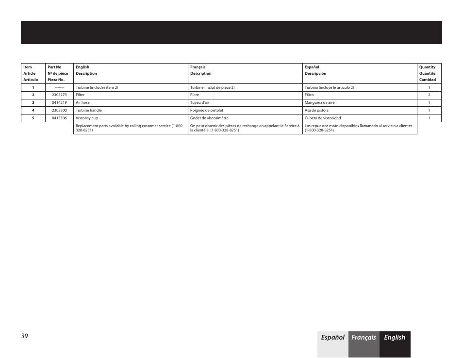 Parts list • liste de pièces • lista de piezas 4, English français español 39 | Wagner PaintREADY System User Manual | Page 15 / 16