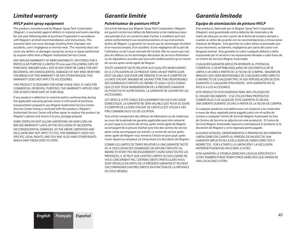 40 limited warranty, Limited warranty, Garantie limitée | Garantía limitada, English français español 40 | Wagner PaintREADY System User Manual | Page 16 / 16