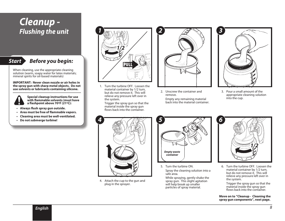 Cleanup, 8 cleanup - flushing the unit, Flushing the unit | Start before you begin, Pull | Wagner PaintREADY System User Manual | Page 8 / 16