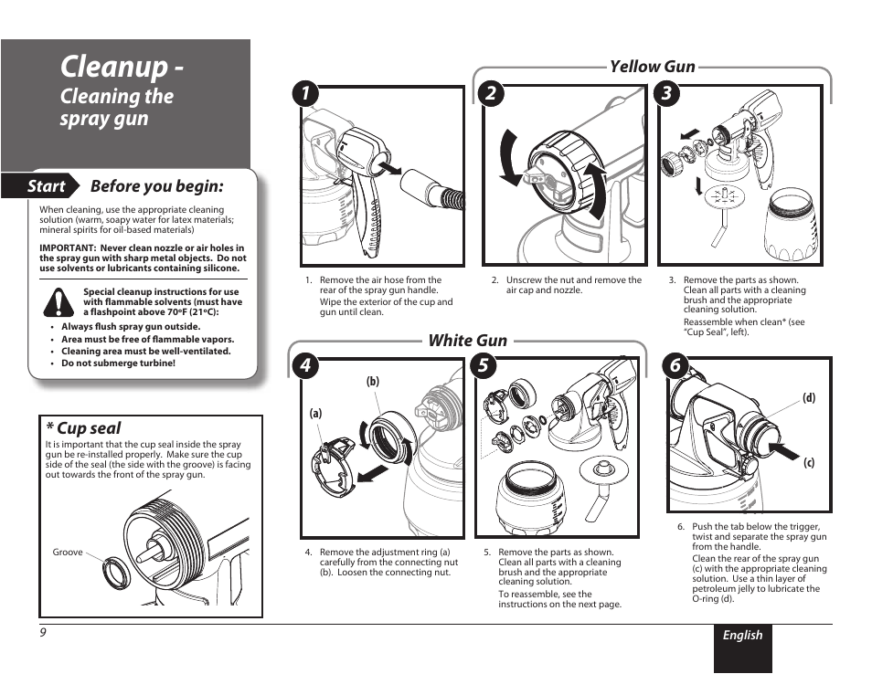 Cleaning the spray gun, 9 cleanup - cleaning the spray gun, Cleanup | Start before you begin, Cup seal, Yellow gun white gun | Wagner PaintREADY System User Manual | Page 9 / 16