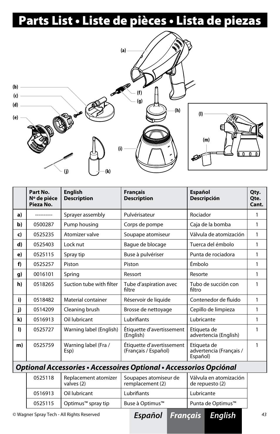 Parts list • liste de pièces • lista de piezas, English français español | Wagner Power Painter User Manual | Page 15 / 16