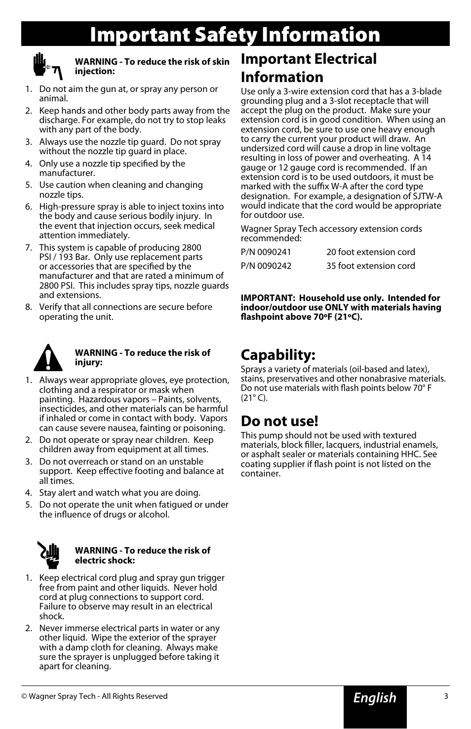 Important safety information, Important electrical information, Capability | Do not use, English | Wagner Power Painter User Manual | Page 3 / 16