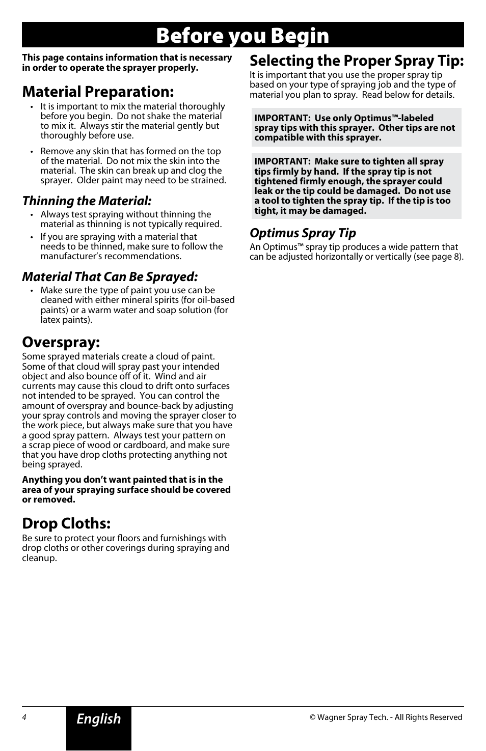 Before you begin, Material preparation, Overspray | Drop cloths, Selecting the proper spray tip, English, Thinning the material, Material that can be sprayed, Optimus spray tip | Wagner Power Painter User Manual | Page 4 / 16