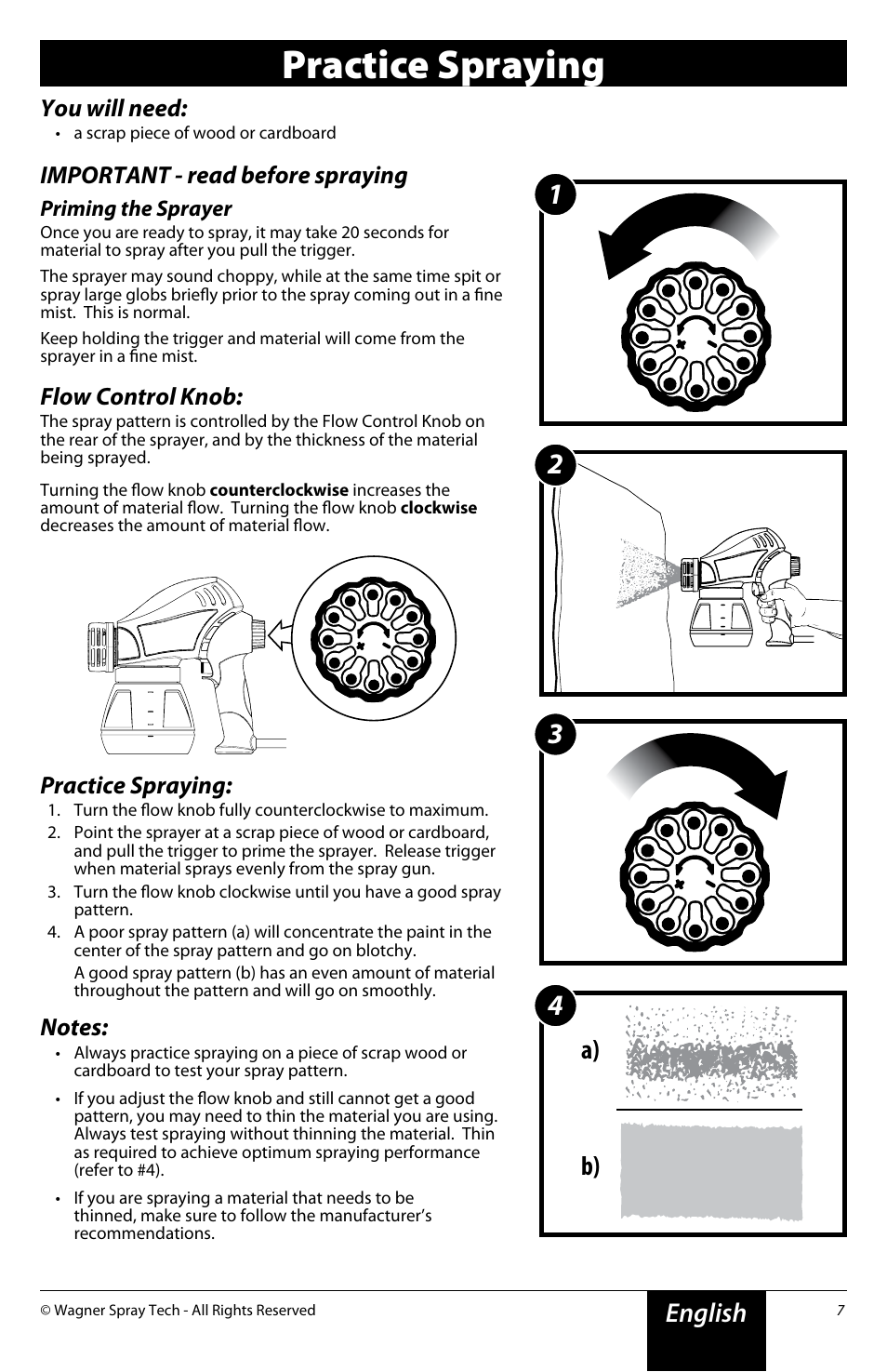 Practice spraying, English, A) b) | You will need, Important - read before spraying, Flow control knob | Wagner Power Painter User Manual | Page 7 / 16