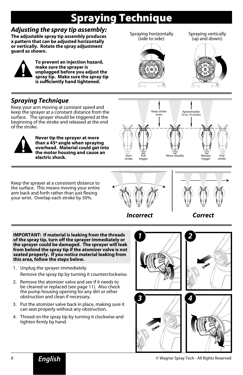 Spraying technique, English, Adjusting the spray tip assembly | Incorrect correct | Wagner Power Painter User Manual | Page 8 / 16