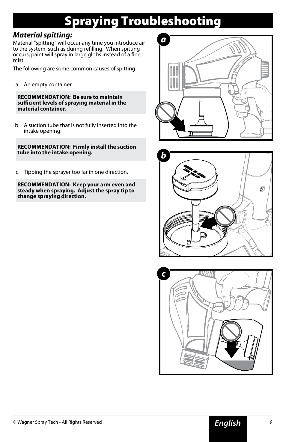 Spraying troubleshooting, Ab c, English | Material spitting | Wagner Power Painter User Manual | Page 9 / 16