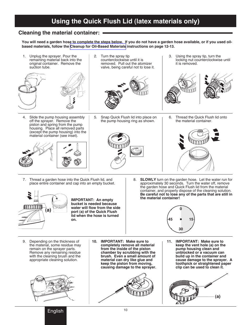 Cleaning the fluid container, Cleanup - latex materials -11, Cleaning the material container | Title, Using the quick flush lid (latex materials only) | Wagner Power Painter II User Manual | Page 10 / 19