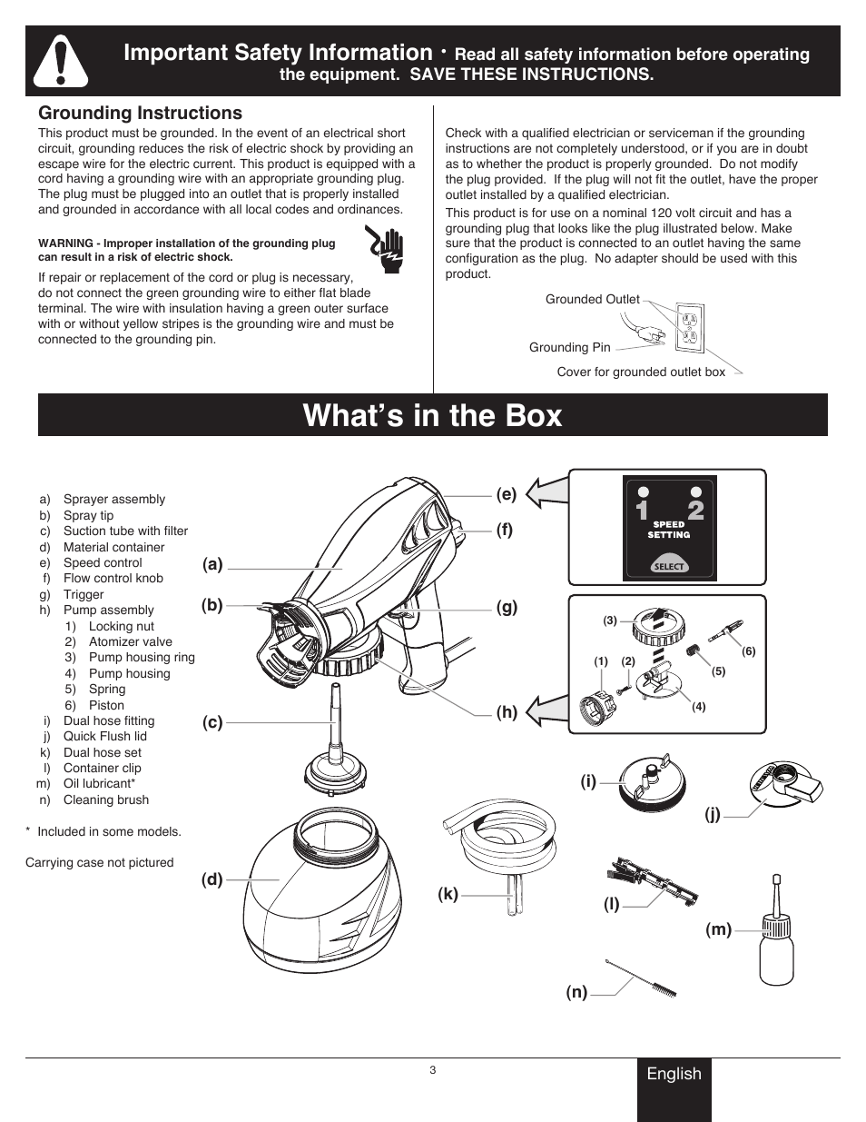 Important safety information 2, Parts and components, What’s in the box | Important safety information, Grounding instructions | Wagner Power Painter II User Manual | Page 3 / 19