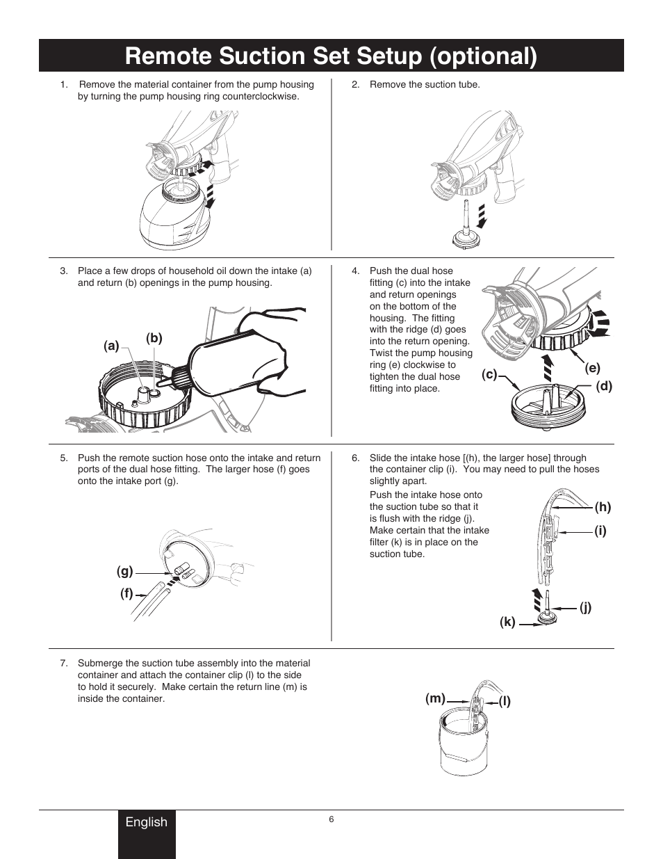 Suction extension setup (optional), Remote suction set setup, Remote suction set setup (optional) | Wagner Power Painter II User Manual | Page 6 / 19