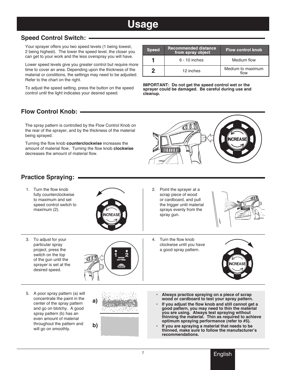 Flow control knob / testing the spray pattern, Usage, Speed control switch | Flow control knob, Practice spraying | Wagner Power Painter II User Manual | Page 7 / 19