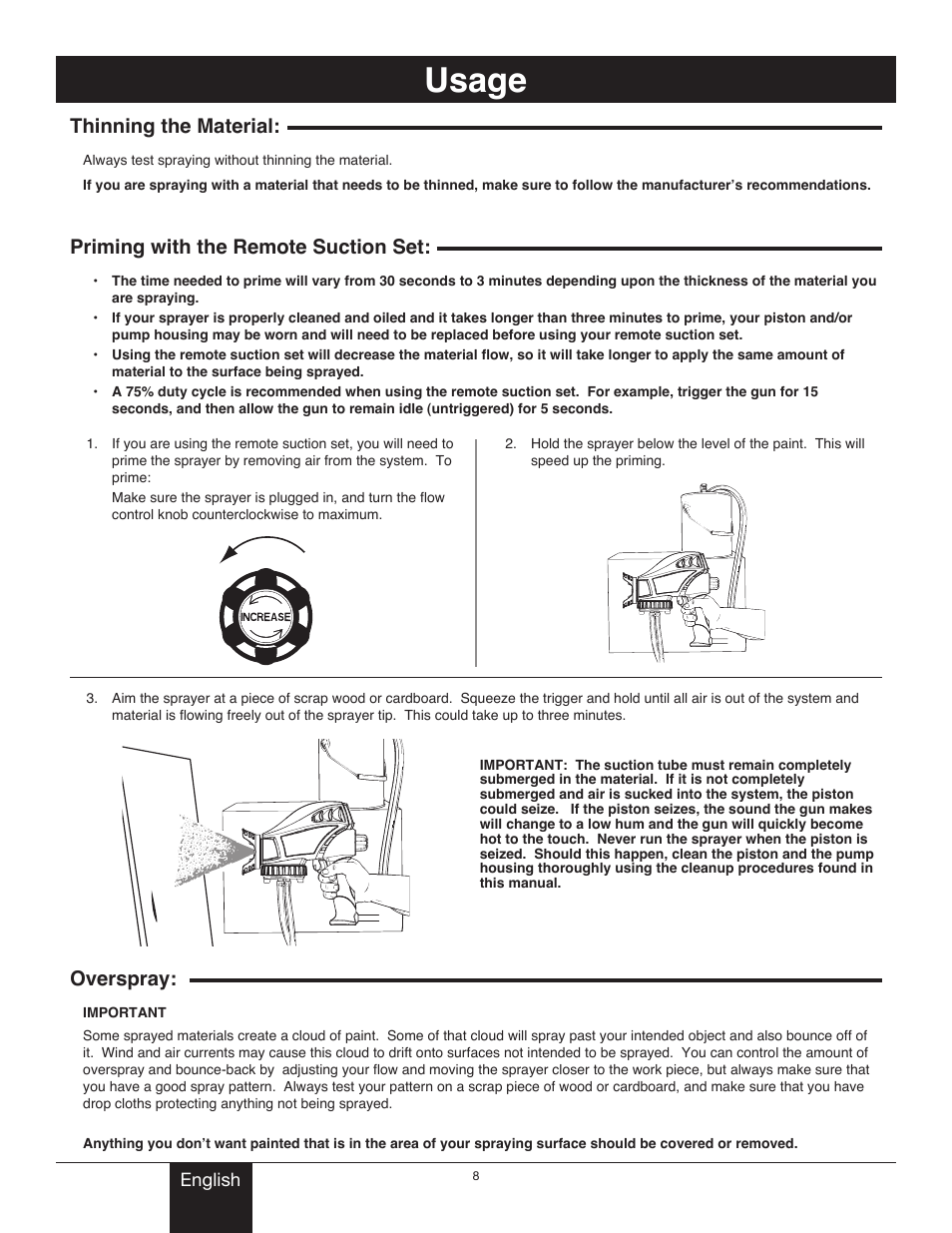 Usage, Thinning the material, Priming with the suction extension | Overspray, Material thinning, Priming with remote suction set, Spraying (overspray), Title usage | Wagner Power Painter II User Manual | Page 8 / 19