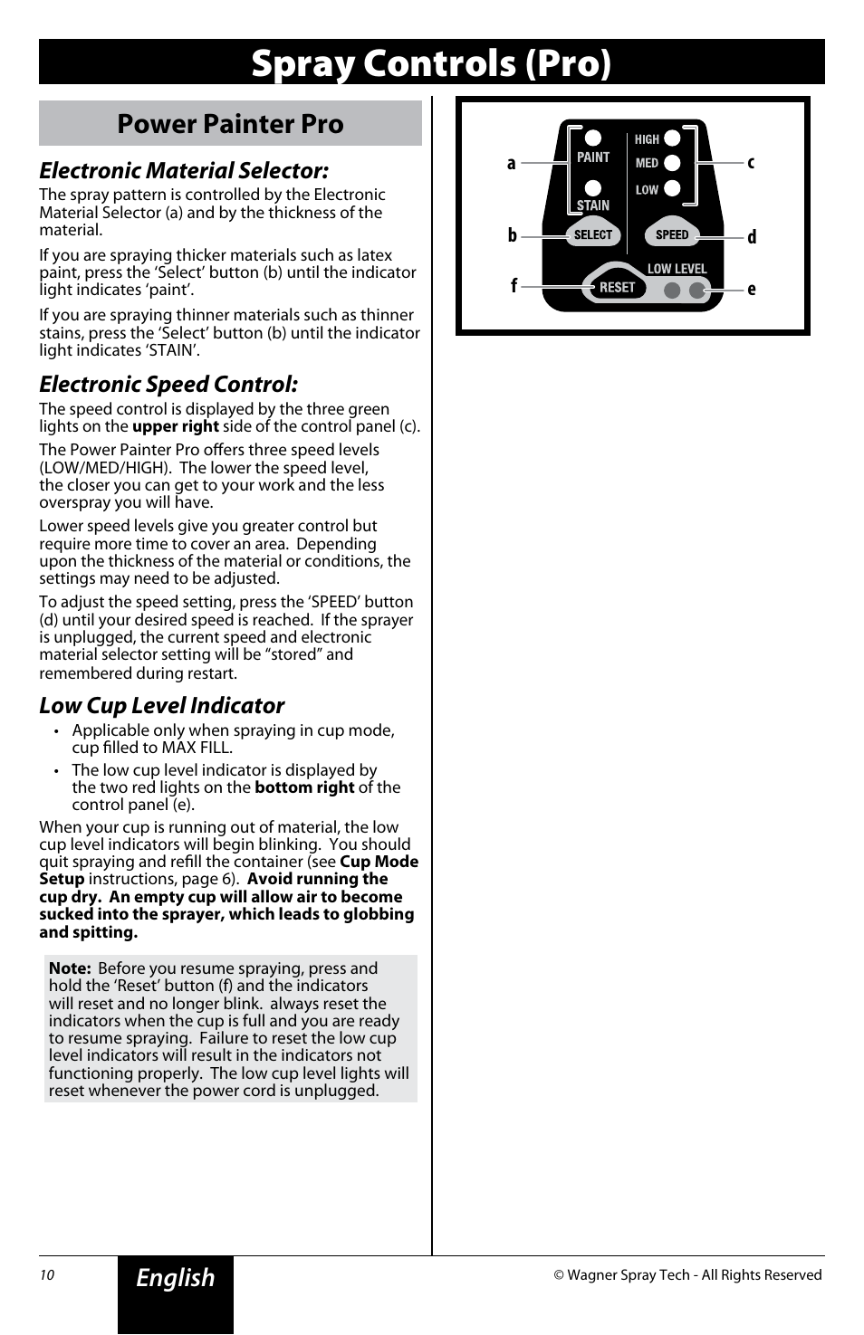 Spray controls (pro), Power painter pro, English | Electronic material selector, Electronic speed control, Low cup level indicator | Wagner Power Painter Pro with EZ Tilt User Manual | Page 10 / 24
