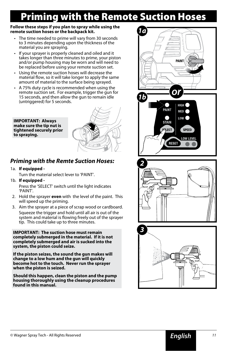 Priming with the remote suction hoses, 1a 1b 2 3, English | Priming with the remte suction hoses | Wagner Power Painter Pro with EZ Tilt User Manual | Page 11 / 24