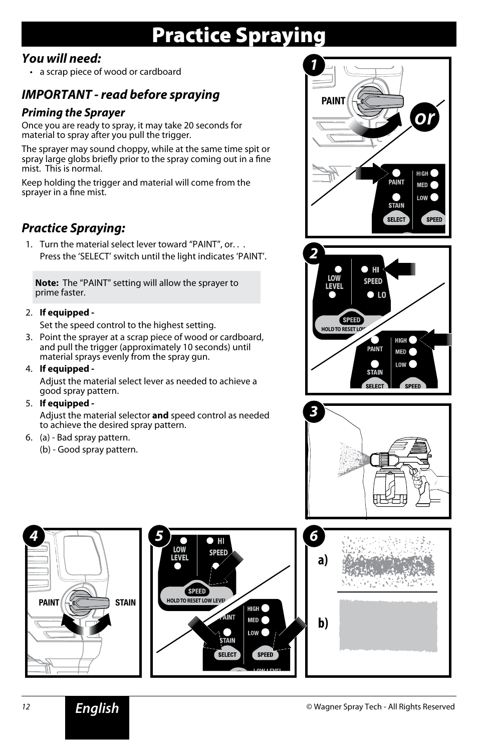 Practice spraying, English, A) b) | You will need, Important - read before spraying | Wagner Power Painter Pro with EZ Tilt User Manual | Page 12 / 24