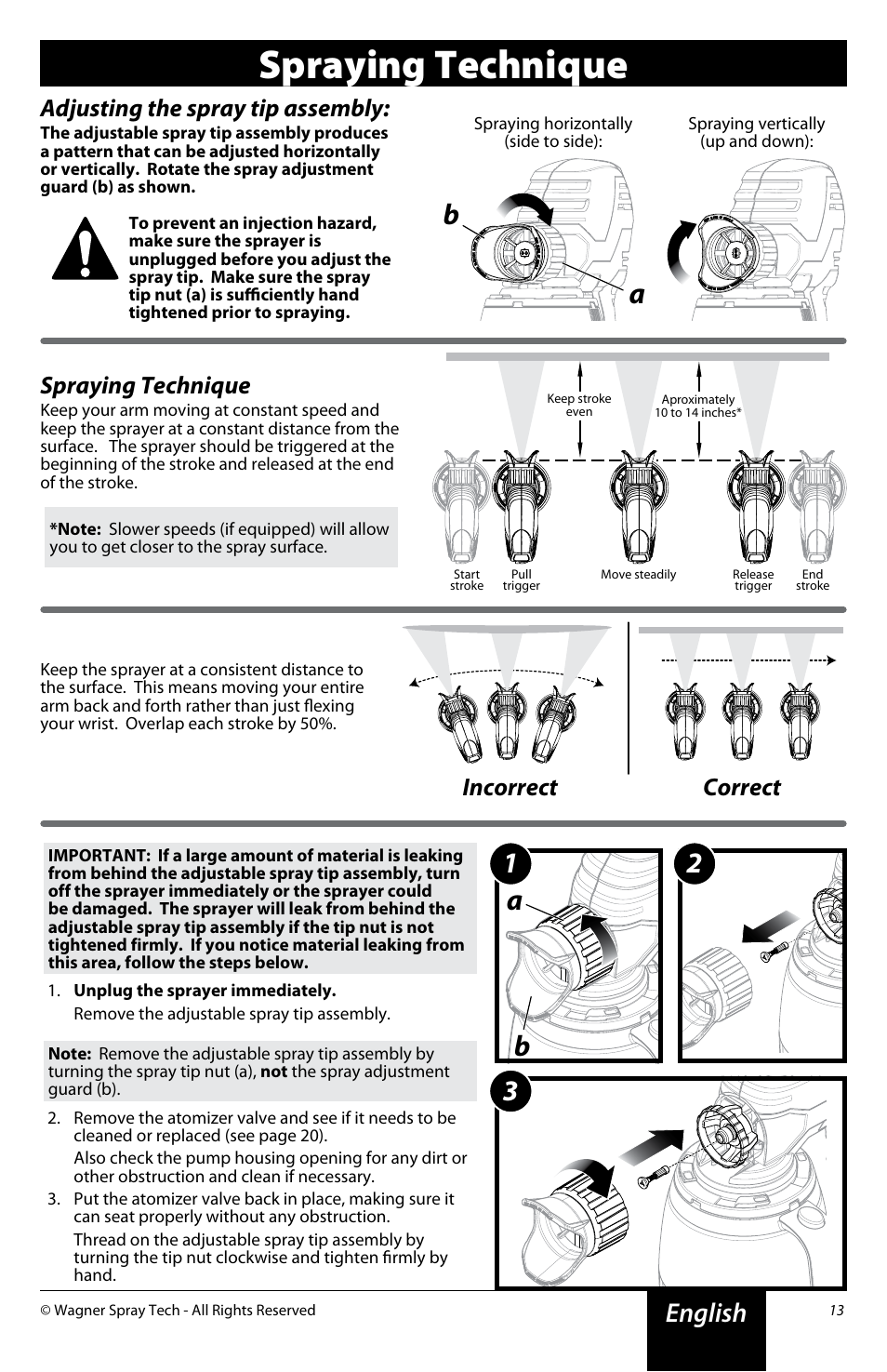 Spraying technique, 13 2 b a a b, English | Adjusting the spray tip assembly, Incorrect correct | Wagner Power Painter Pro with EZ Tilt User Manual | Page 13 / 24