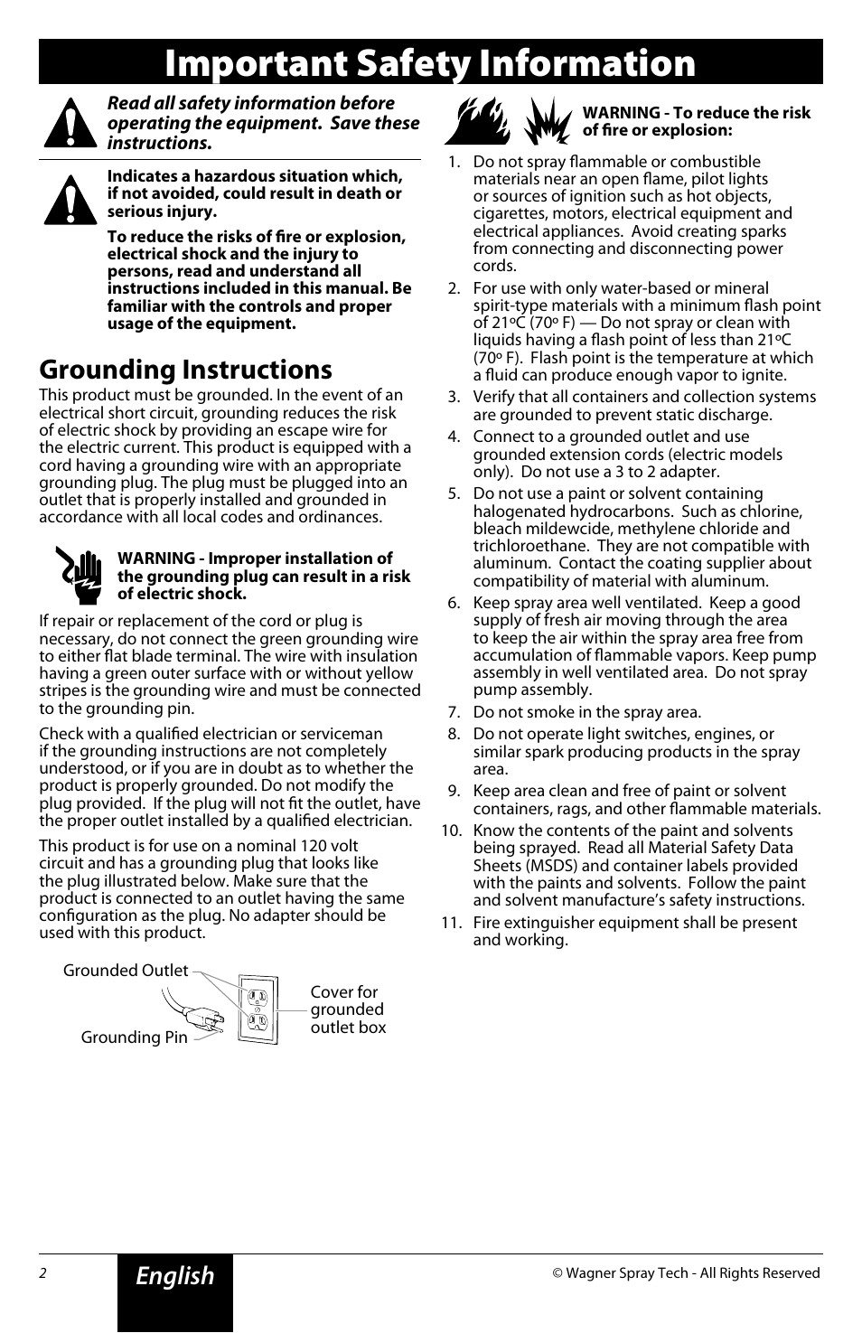 Important safety information, Grounding instructions, English | Wagner Power Painter Pro with EZ Tilt User Manual | Page 2 / 24