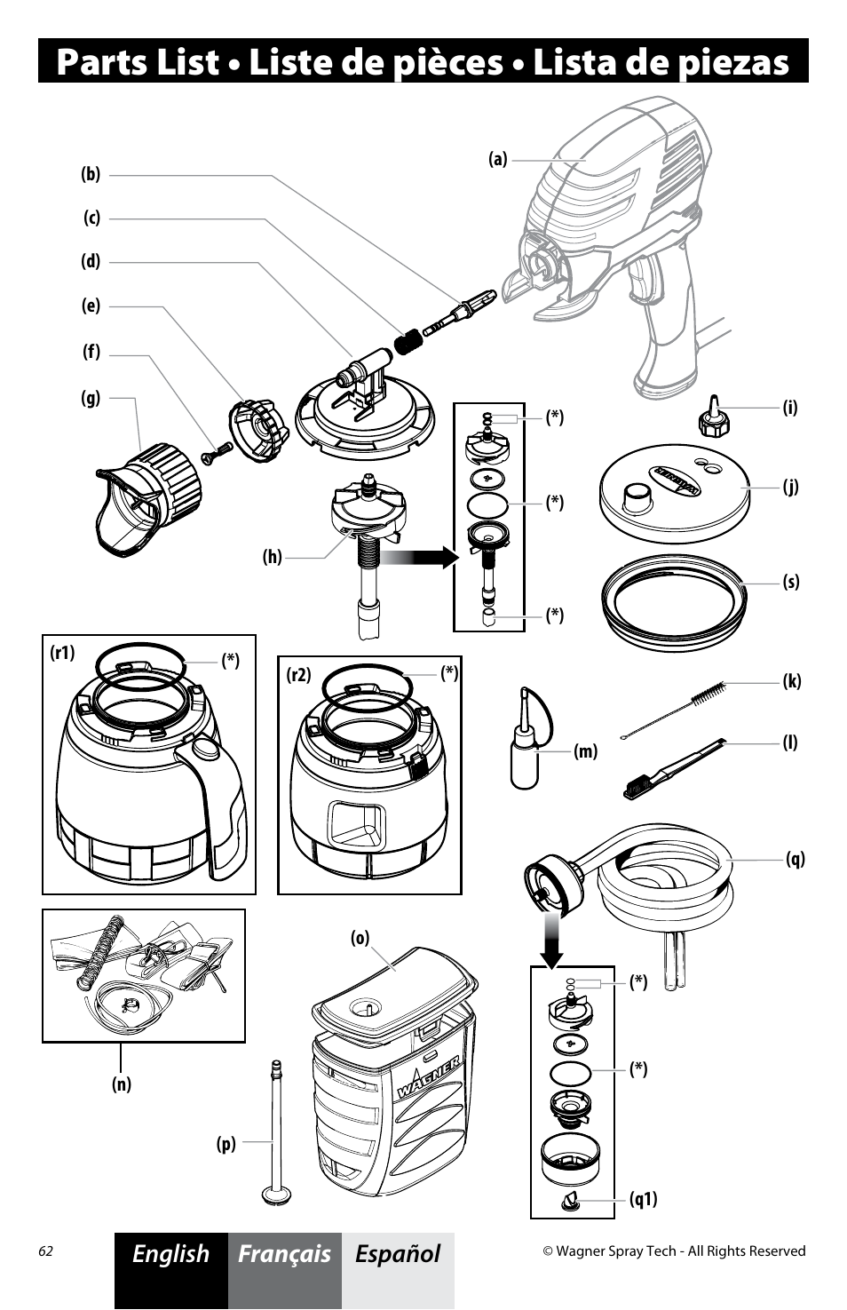 Parts list • liste de pièces • lista de piezas, Español français english | Wagner Power Painter Pro with EZ Tilt User Manual | Page 22 / 24