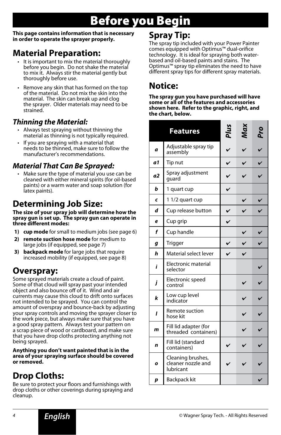 Before you begin, Material preparation, Determining job size | Overspray, Drop cloths, Spray tip, Notice, English, Thinning the material, Material that can be sprayed | Wagner Power Painter Pro with EZ Tilt User Manual | Page 4 / 24