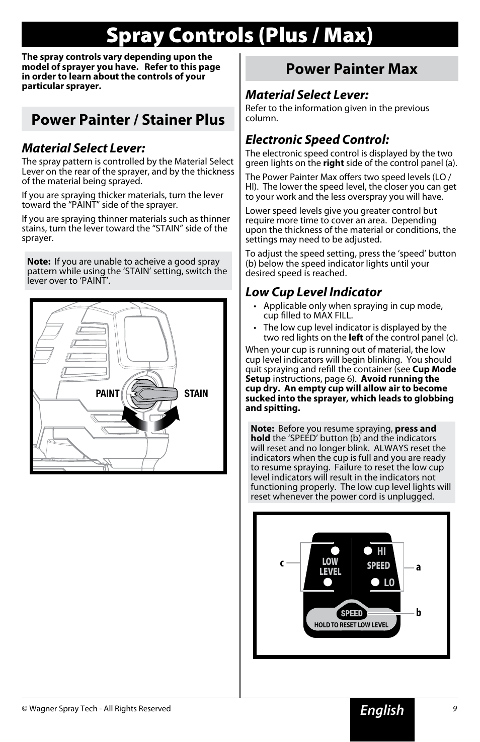 Spray controls (plus / max), Power painter / stainer plus, Power painter max | English, Material select lever, Electronic speed control, Low cup level indicator | Wagner Power Painter Pro with EZ Tilt User Manual | Page 9 / 24