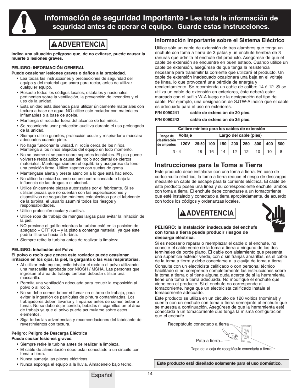 Información de seguridad importante, Advertencia, Instrucciones para la toma a tierra | Español | Wagner Power Tex User Manual | Page 14 / 20
