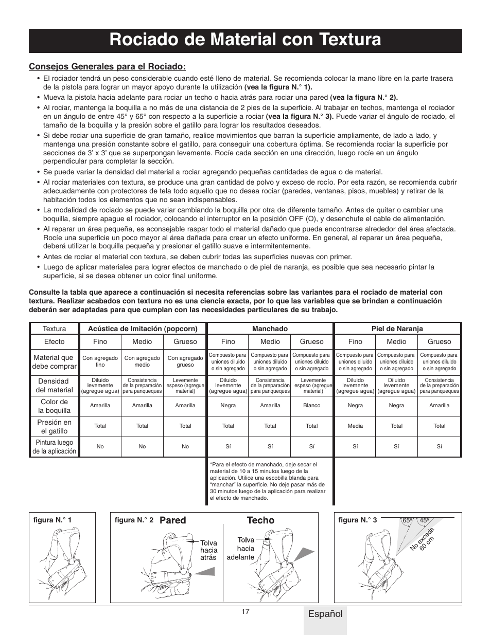Rociado de material con textura, Español, Consejos generales para el rociado | Wagner Power Tex User Manual | Page 17 / 20