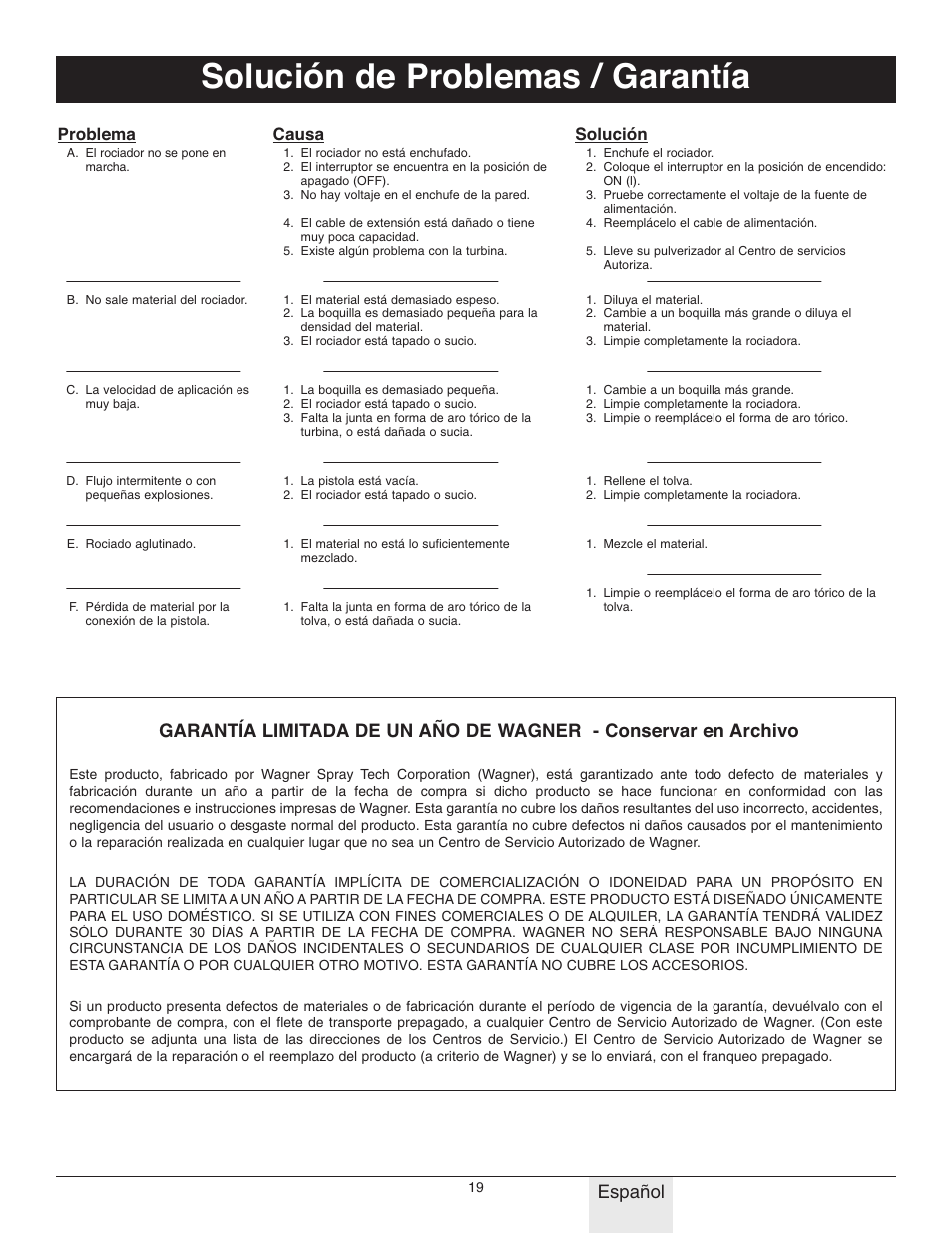 Solución de problemas / garantía, Español, Problema | Causa, Solución | Wagner Power Tex User Manual | Page 19 / 20
