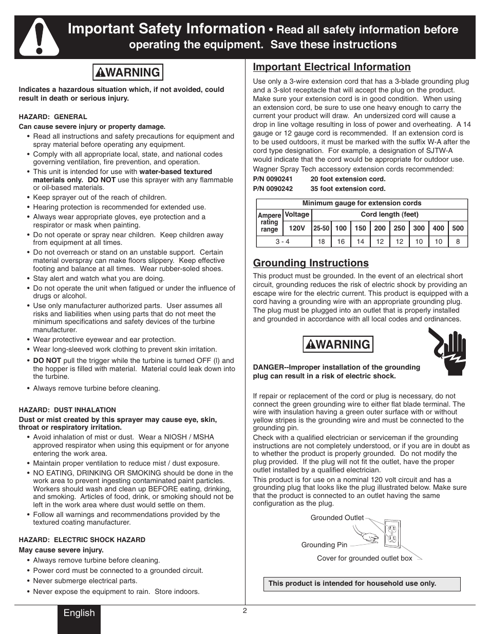 Important safety information, Warning, Important electrical information | Grounding instructions, English | Wagner Power Tex User Manual | Page 2 / 20
