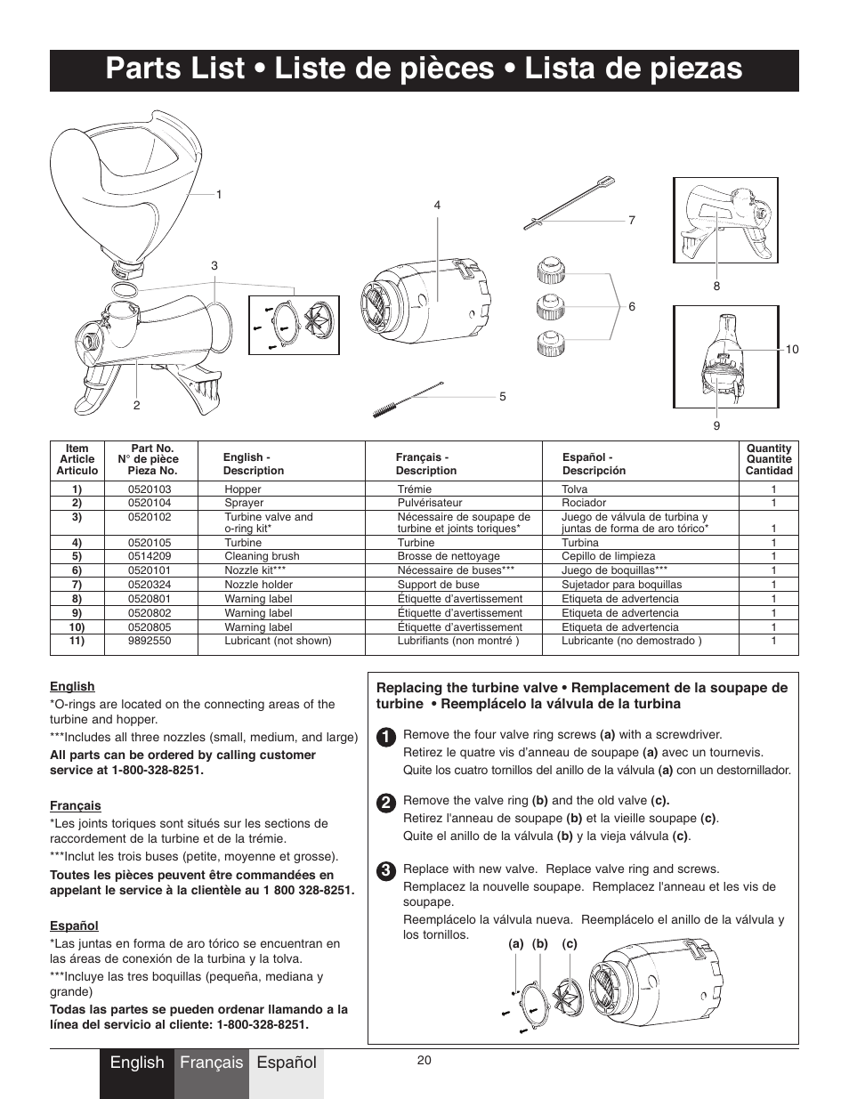 Parts list • liste de pièces • lista de piezas, Français english, Español | Wagner Power Tex User Manual | Page 20 / 20