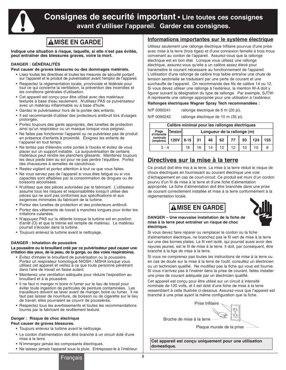 Consignes de securité important, Mise en garde, Directives sur la mise à la terre | Français | Wagner Power Tex User Manual | Page 8 / 20