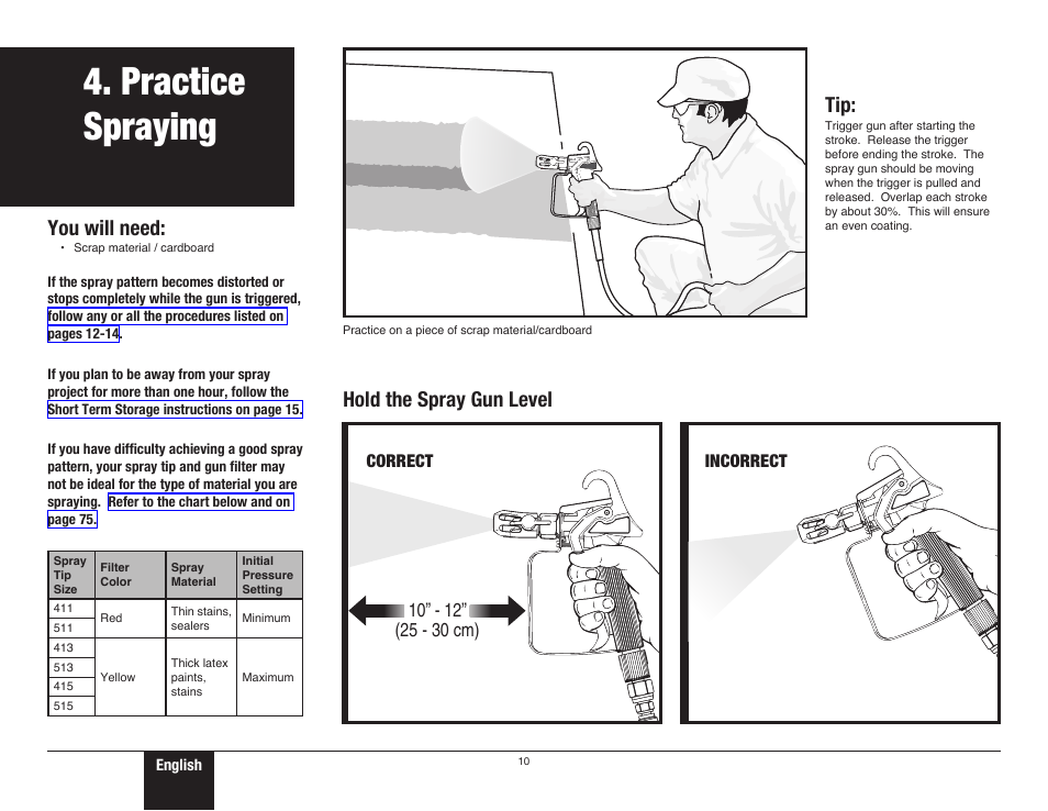 Practice spraying 1, 10 practice spraying, Practice spraying | You will need, Hold the spray gun level, Correct incorrect | Wagner ProCoat User Manual | Page 10 / 28